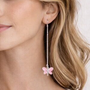 Vintage Long Drop Butterfly Enamel Earrings, Ball Chain Dangle Statement Drops